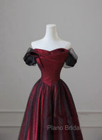 Black and Red Long Party Dresses, Off Shoulder Tulle A-line Formal Prom Dresses
