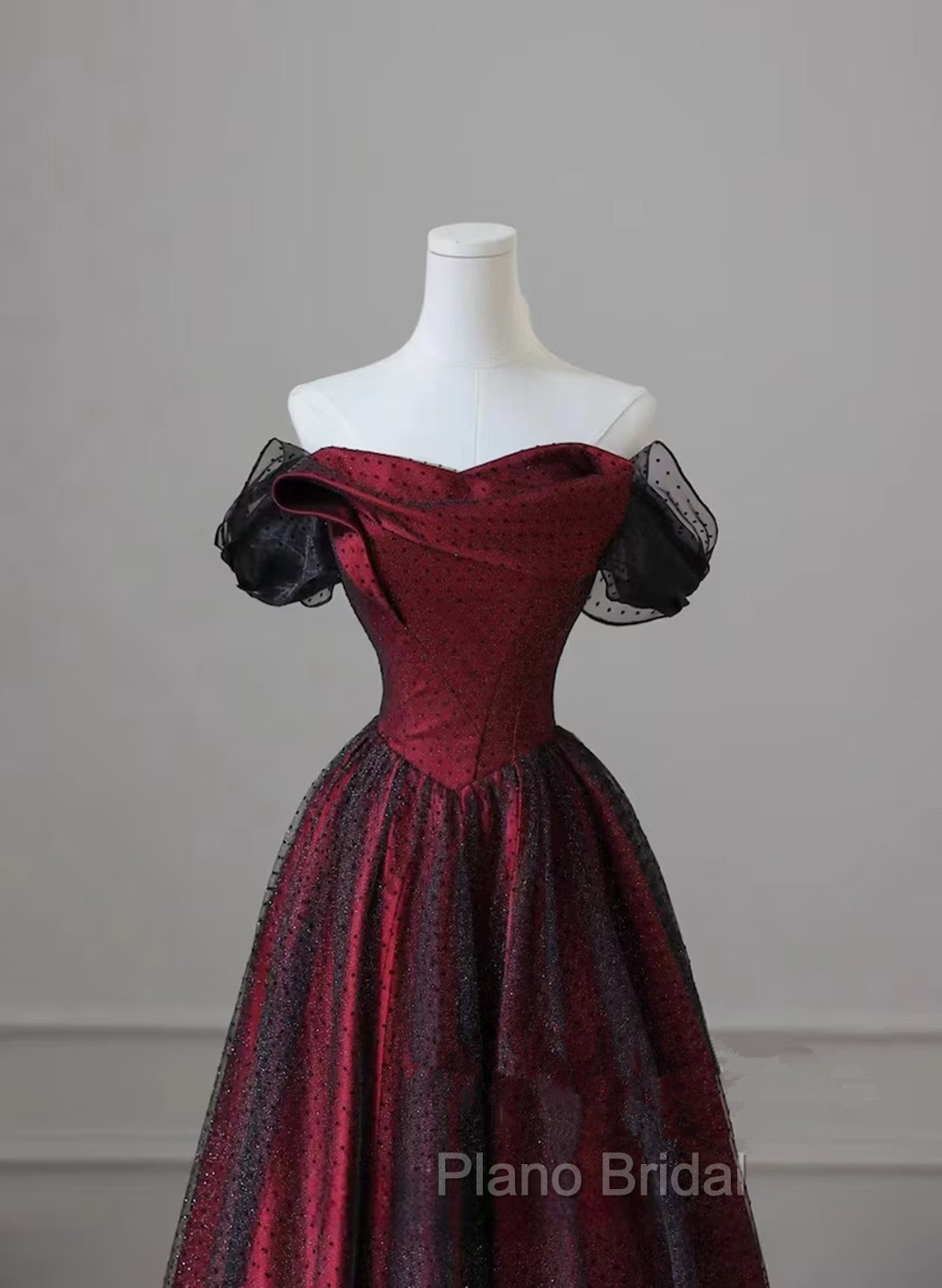 Black and Red Long Party Dresses, Off Shoulder Tulle A-line Formal Prom Dresses