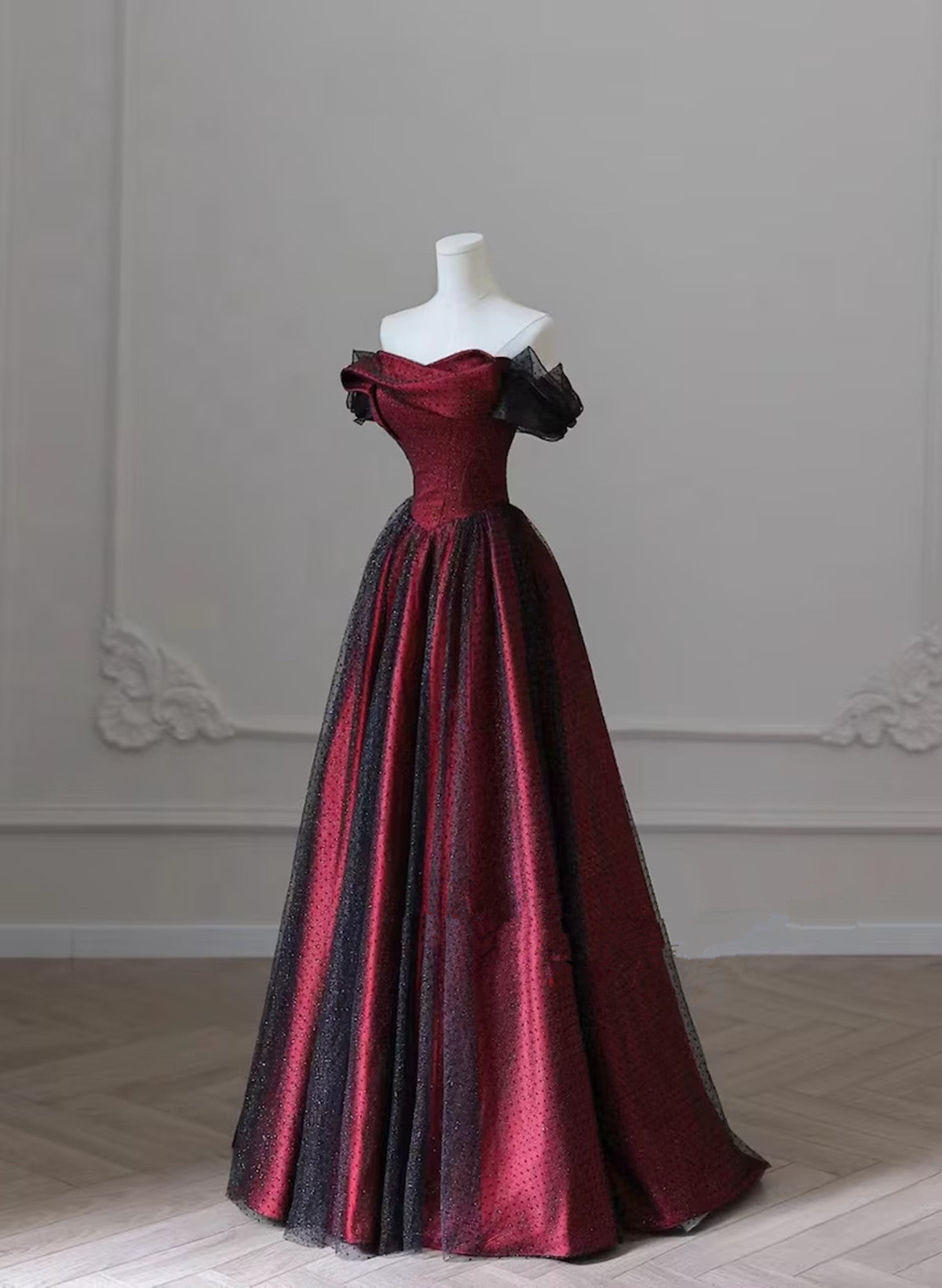 Black And Red Long Party Dresses, Off Shoulder Tulle A-Line Formal Prom Dresses Main image