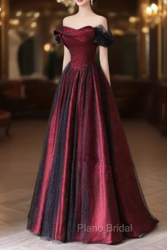 Black and Red Long Party Dresses, Off Shoulder Tulle A-line Formal Prom Dresses Main image