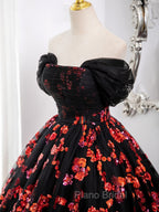 Black and Red Off Shoulder Floral Tulle Formal Dresses, Floor Length Party Dresses