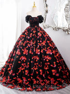 Black and Red Off Shoulder Floral Tulle Formal Dresses, Floor Length Party Dresses