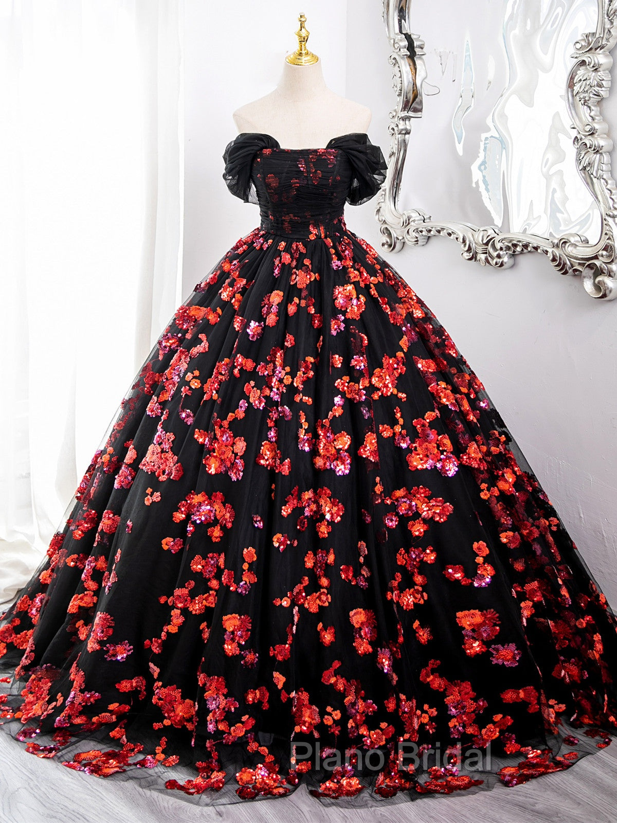 Black and Red Off Shoulder Floral Tulle Formal Dresses, Floor Length Party Dresses