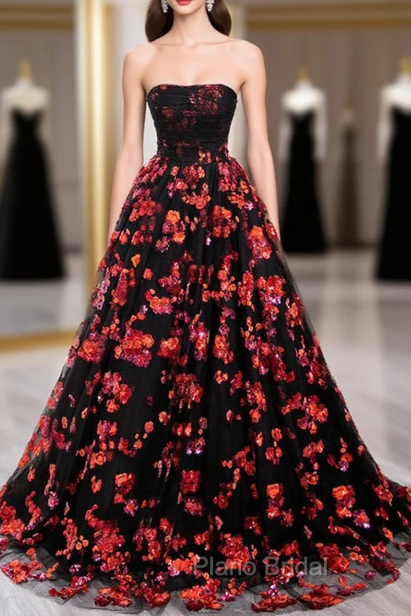 Black and Red Off Shoulder Floral Tulle Formal Dresses, Floor Length Party Dresses