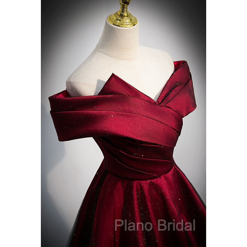 Black and Red Satin Off Shoulder Long Junior Formal Prom Dresses, A-line Satin Party Dresses Secondary image