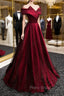 Black and Red Satin Off Shoulder Long Junior Formal Prom Dresses, A-line Satin Party Dresses
