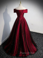 Black and Red Satin Off Shoulder Long Junior Formal Prom Dresses, A-line Satin Party Dresses