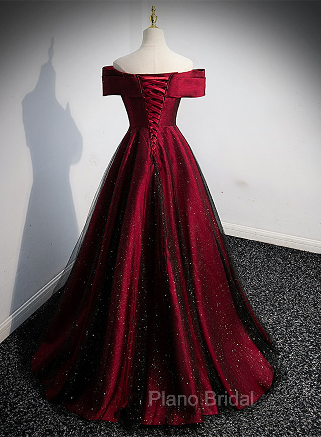 Black and Red Satin Off Shoulder Long Junior Formal Prom Dresses, A-line Satin Party Dresses