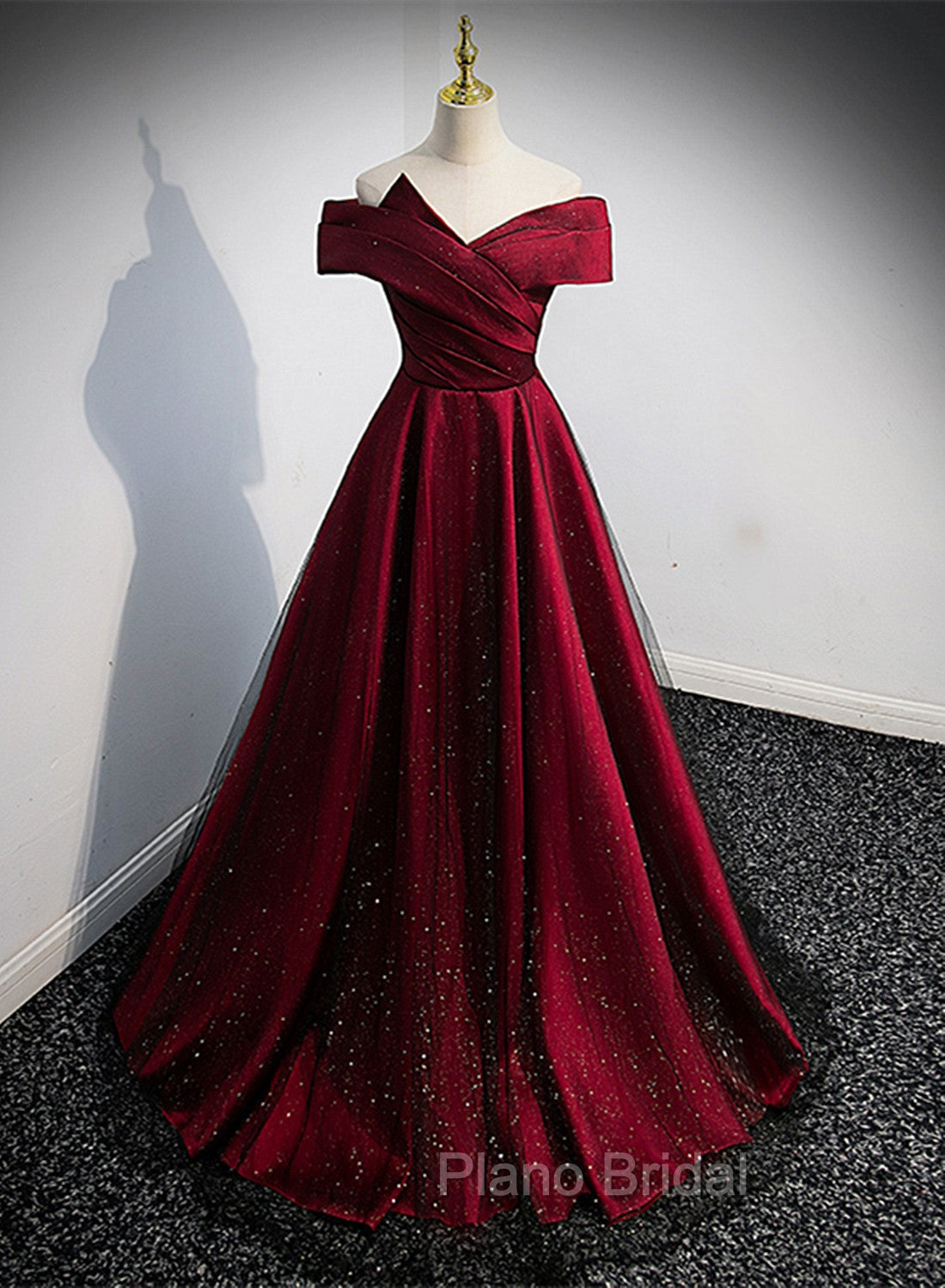 Black and Red Satin Off Shoulder Long Junior Formal Prom Dresses, A-line Satin Party Dresses Main image