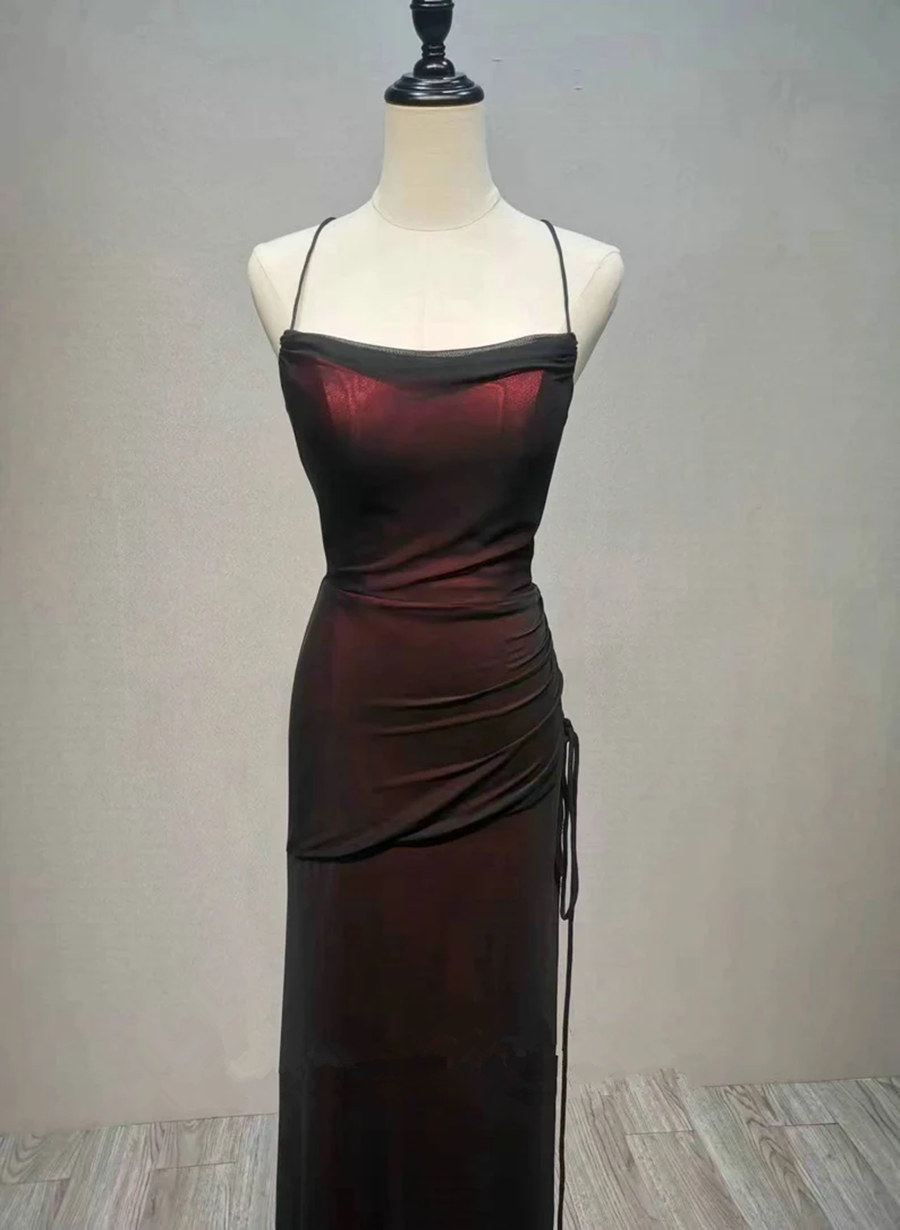 Black And Red Straps Long Simple Party Dresses, Black And Red Formal Prom Dresses