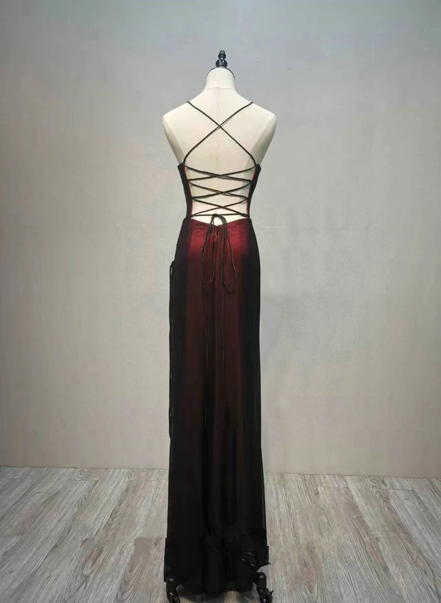 Black And Red Straps Long Simple Party Dresses, Black And Red Formal Prom Dresses