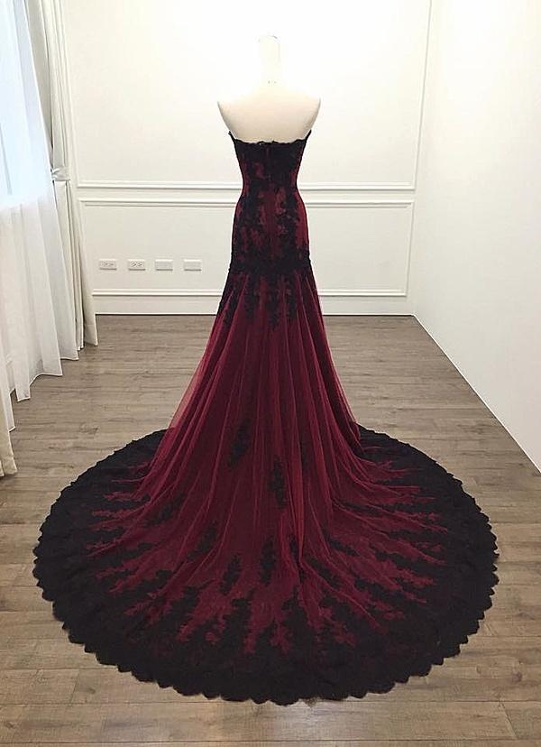 Black And Red Sweetheart Tulle With Lace Glam Formal Evening Gown Party Dresses, Long Formal Dresses