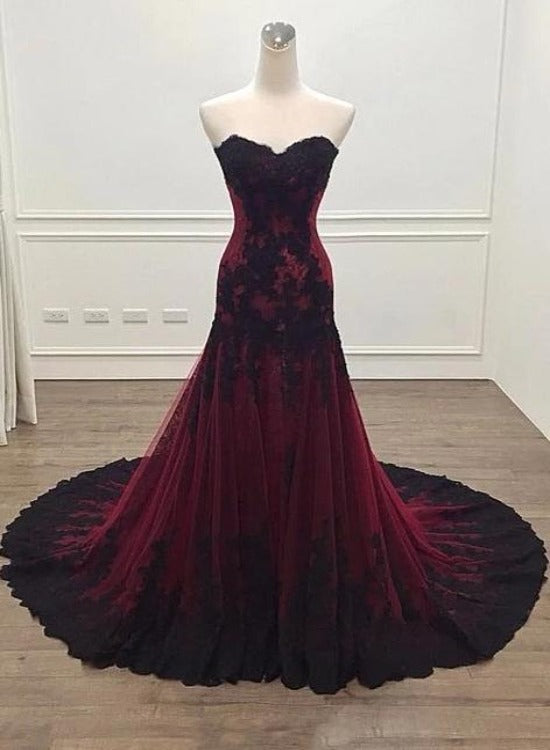 Black And Red Sweetheart Tulle With Lace Glam Formal Evening Gown Party Dresses, Long Formal Dresses