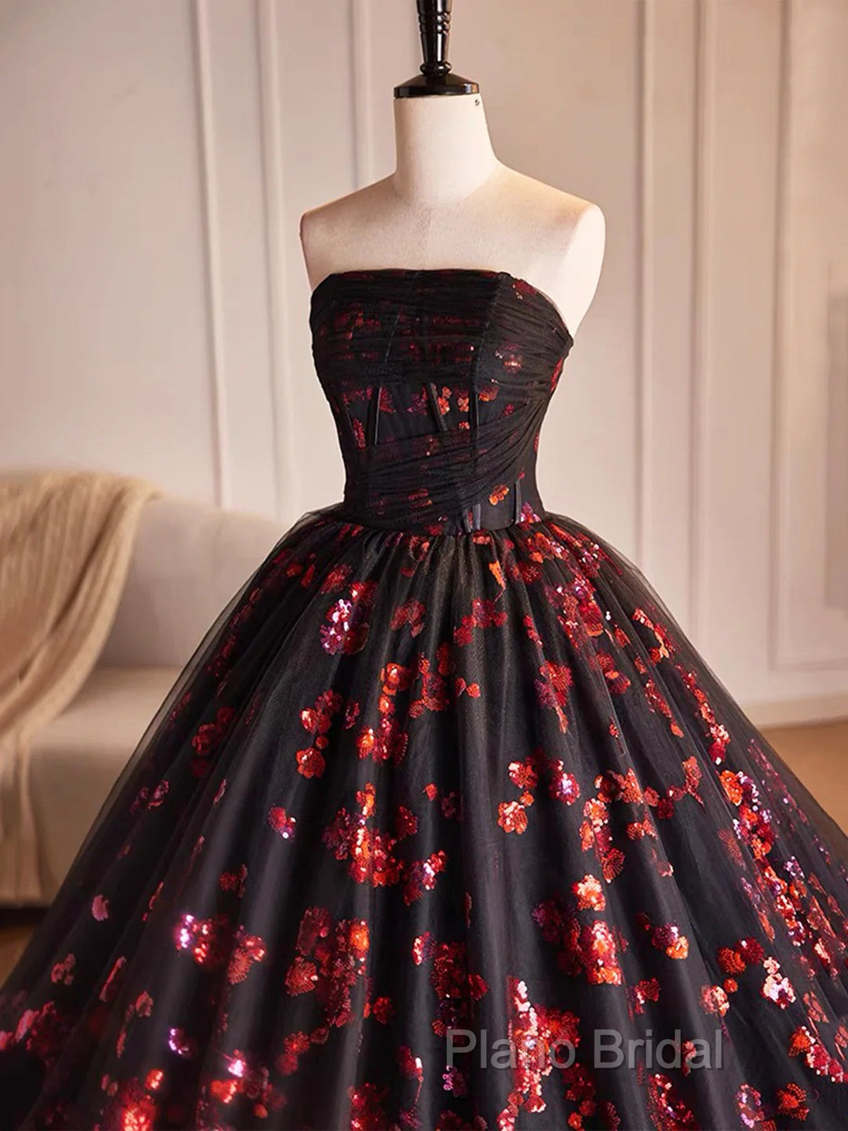 Black And Red Tulle Floral Sweet 16 Dresses, Black And Red Party Dresses Formal Prom Dresses