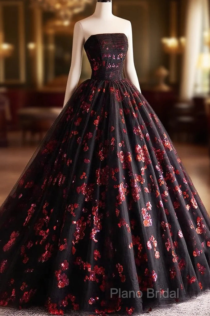 Black And Red Tulle Floral Sweet 16 Dresses, Black And Red Party Dresses Formal Prom Dresses Main image