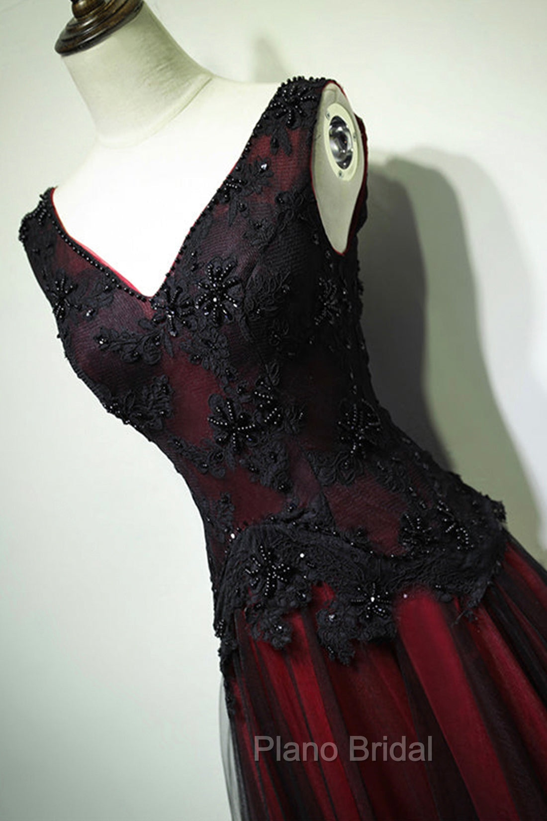 Black and Red V-Neck Tulle Long Formal Prom Dresses, Lace Evening Dresses Secondary image