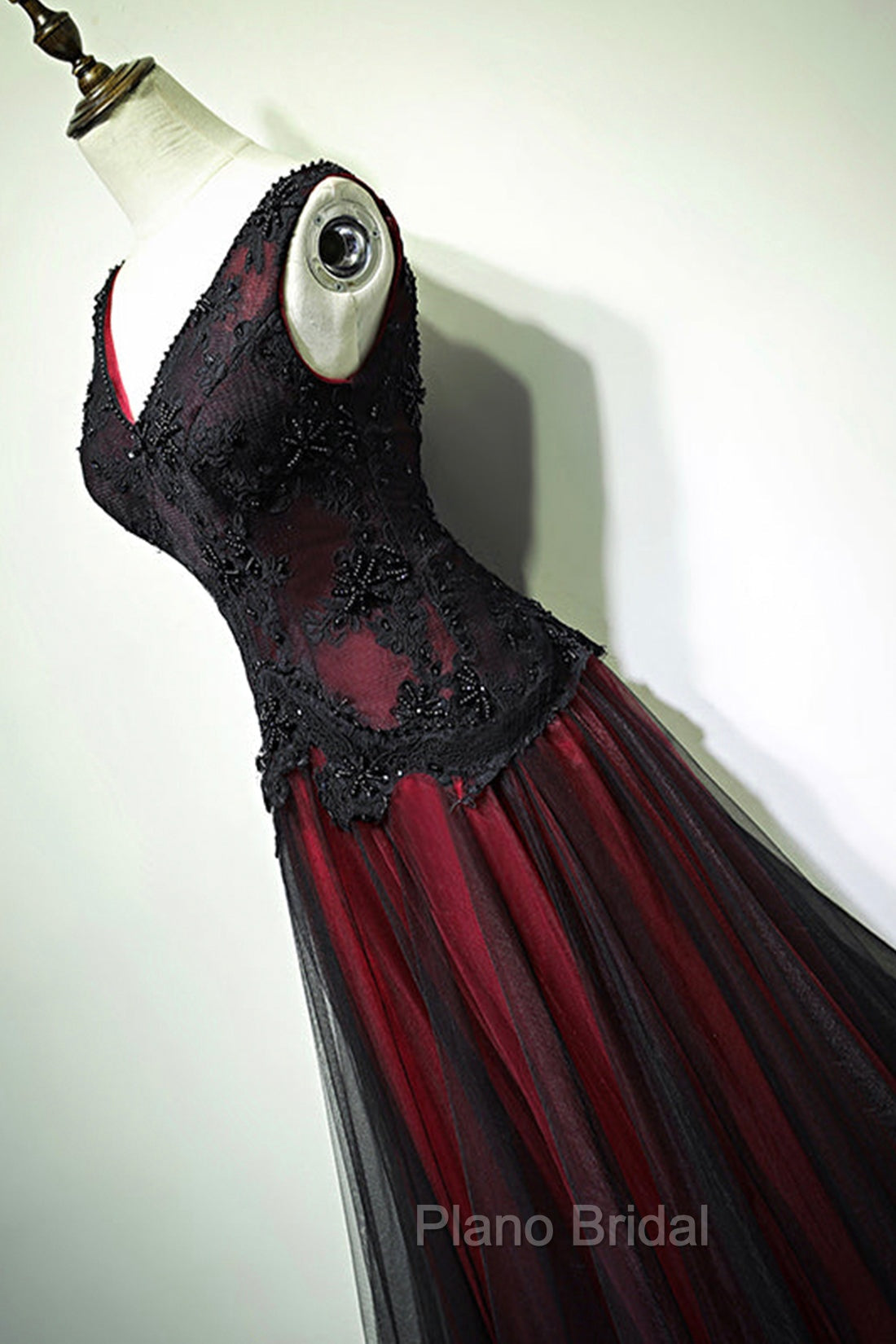 Black and Red V-Neck Tulle Long Formal Prom Dresses, Lace Evening Dresses