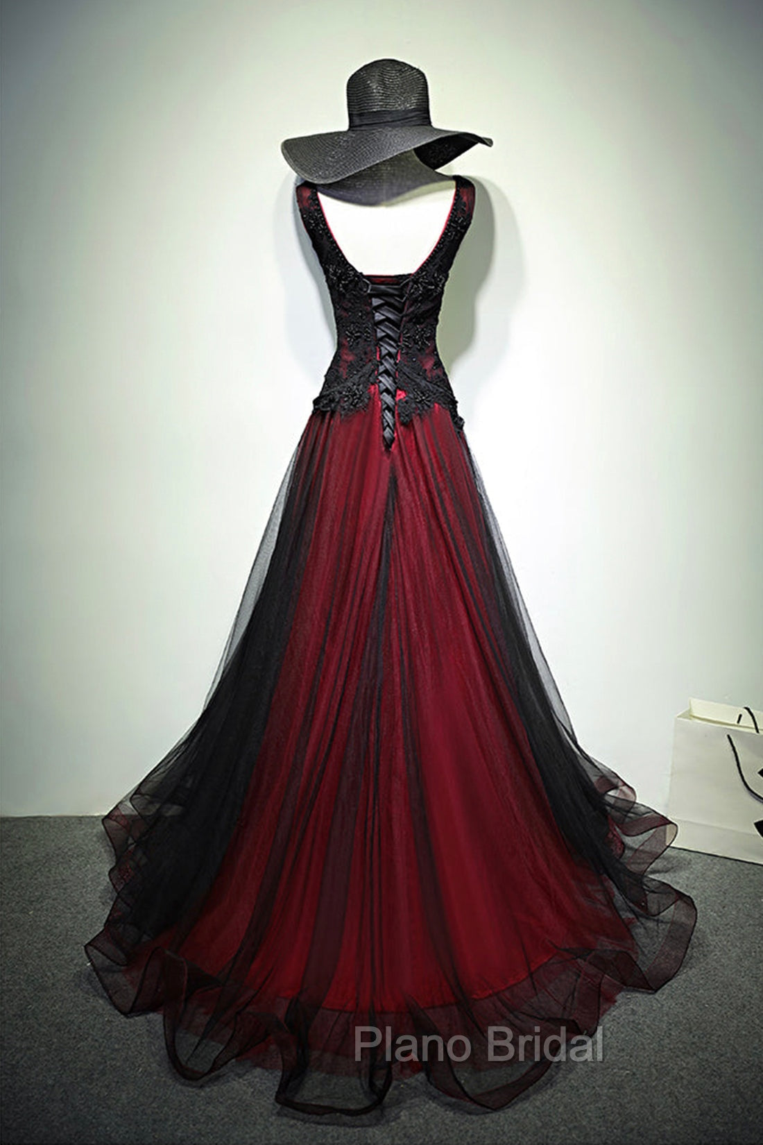 Black and Red V-Neck Tulle Long Formal Prom Dresses, Lace Evening Dresses