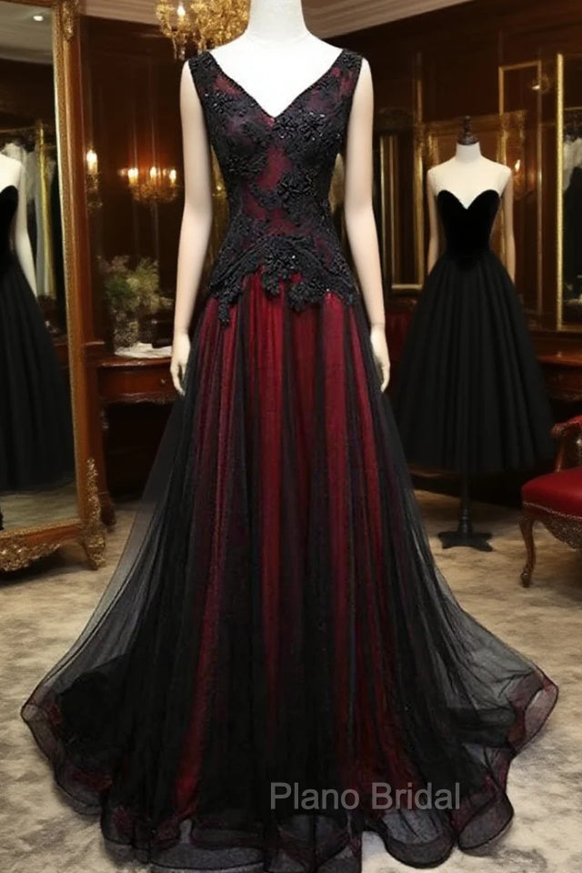 Black and Red V-Neck Tulle Long Formal Prom Dresses, Lace Evening Dresses