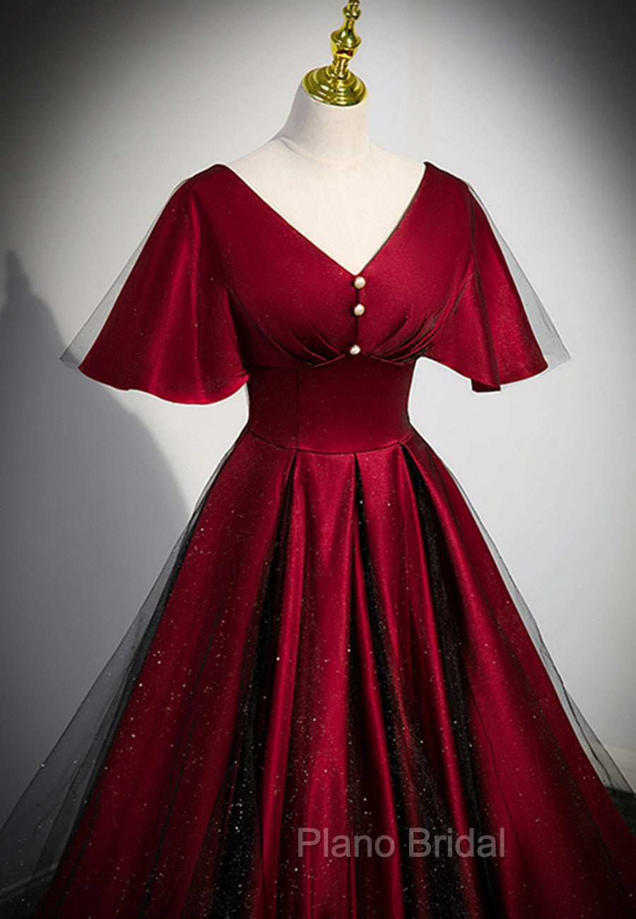 Black and Red V-neckline Long Satin Formal Prom Dresses,Chic Long A-line Party Dresses