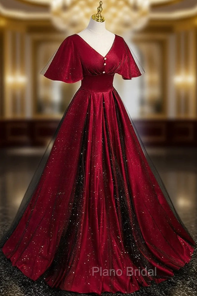 Black and Red V-neckline Long Satin Formal Prom Dresses,Chic Long A-line Party Dresses Main image