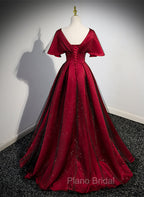 Black and Red V-neckline Long Satin Formal Prom Dresses,Chic Long A-line Party Dresses