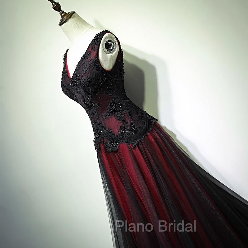 Black and Tulle V-neckline Beaded Lace Long Party Dresses, A-line Formal Prom Dresses Evening Dresses