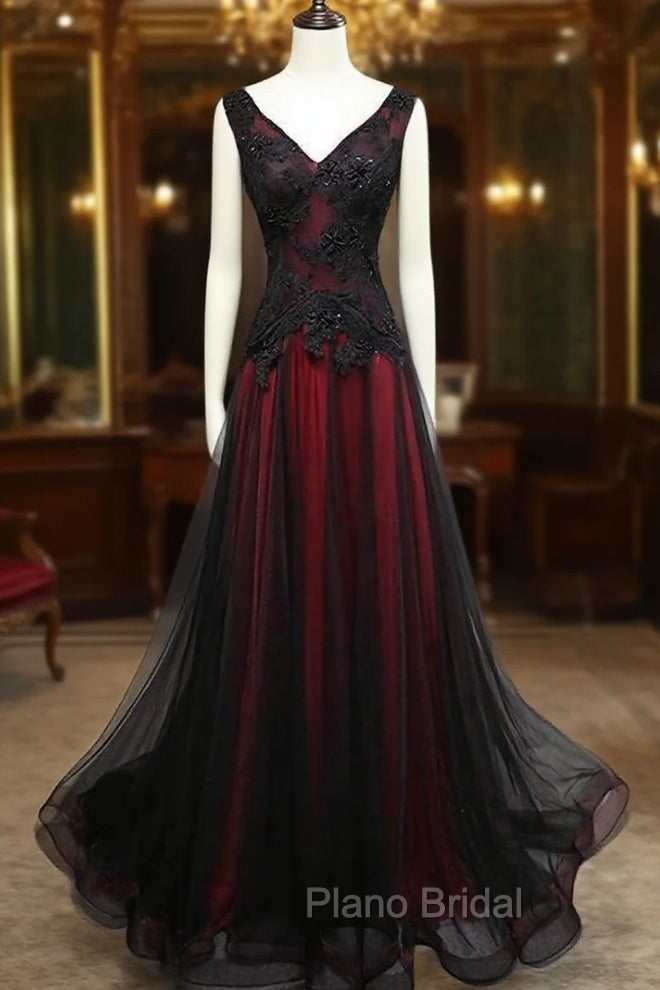 Black and Tulle V-neckline Beaded Lace Long Party Dresses, A-line Formal Prom Dresses Evening Dresses Main image