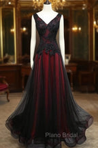 Black and Tulle V-neckline Beaded Lace Long Party Dresses, A-line Formal Prom Dresses Evening Dresses