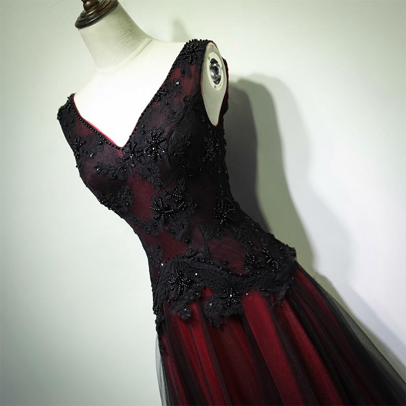 Black And Tulle V-Neckline Beaded Lace Long Party Dresses, A-Line Formal Prom Dresses Formal Evening Dressess Secondary image