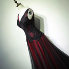 Black And Tulle V-Neckline Beaded Lace Long Party Dresses, A-Line Formal Prom Dresses Formal Evening Dressess