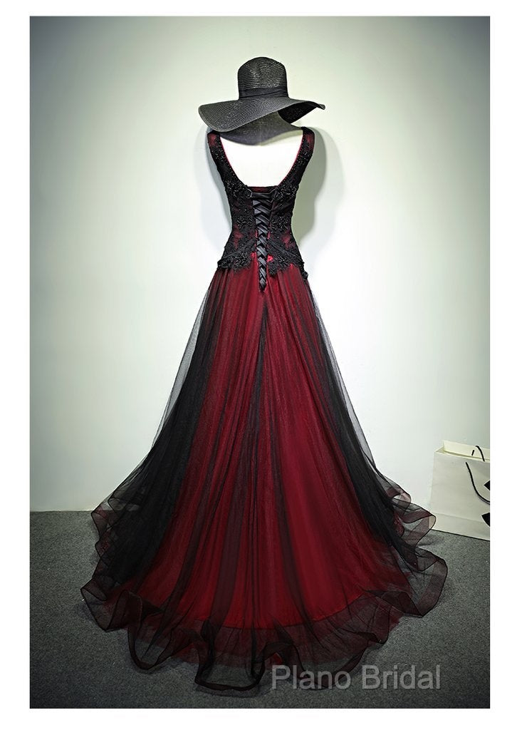 Black And Tulle V-Neckline Beaded Lace Long Party Dresses, A-Line Formal Prom Dresses Formal Dressess