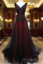 Black And Tulle V-Neckline Beaded Lace Long Party Dresses, A-Line Formal Prom Dresses Formal Dressess