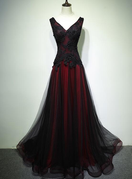 Black And Tulle V-Neckline Beaded Lace Long Party Dresses, A-Line Formal Prom Dresses Formal Evening Dressess Main image