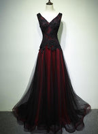 Black And Tulle V-Neckline Beaded Lace Long Party Dresses, A-Line Formal Prom Dresses Formal Evening Dressess