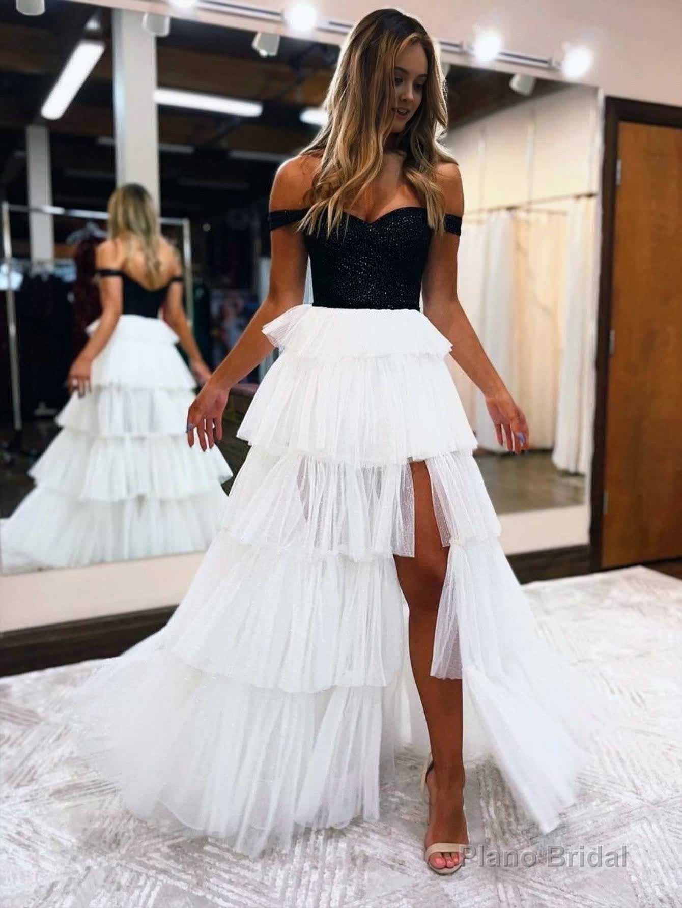 Black And White A-Line Strapless Tiered Long Prom Dress Main image