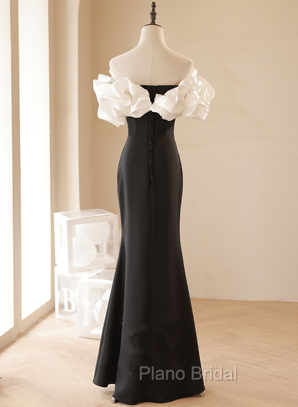 Black and White Mermaid Long Off Shoulder Party Dresses, Long Evening Dresses Formal Prom Dresses