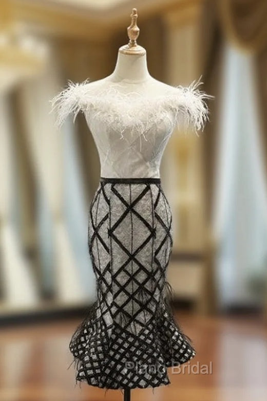 Black And White Mermaid Off the Shoulder Short Formal Prom Dresses With Feather
