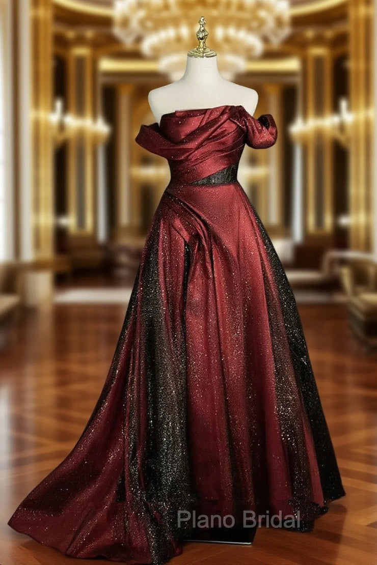 Black and Wine Red Satin Off Shoulder Formal Dresses, A-line Long Formal Prom Dresses Main image