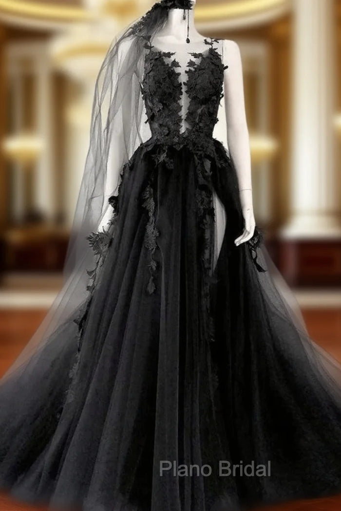 Black Appliues Backless Formal Prom Dresses With Spilt