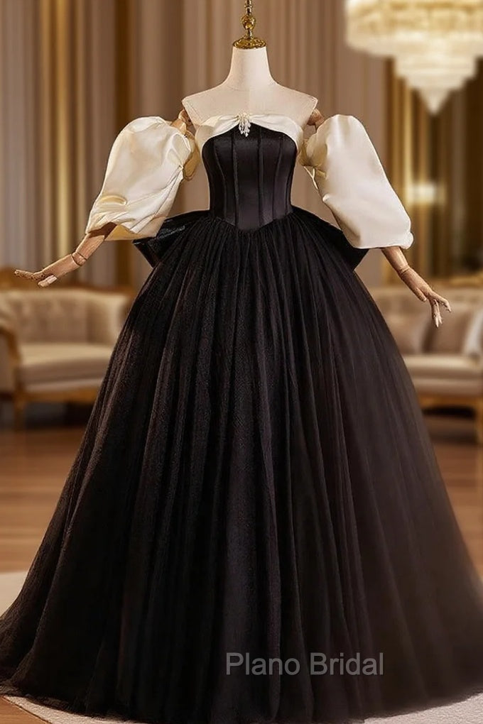 Black Ball Goen Satin Strapless Puff Sleeve Formal Prom Dresses