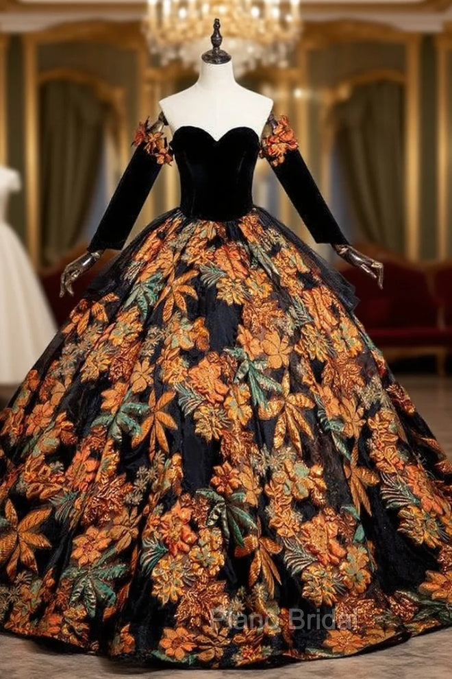 Black Ball Gown Embroidery Long Sleeve Quinceanera Dresses