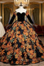 Black Ball Gown Embroidery Long Sleeve Quinceanera Dresses