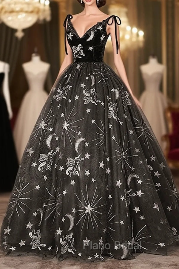 Black Ball Gown Floral V-neckline Straps Sweet 16 Dresses, Black Tulle Formal Dresses