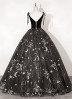 Black Ball Gown Floral V-neckline Straps Sweet 16 Dresses, Black Tulle Formal Dresses
