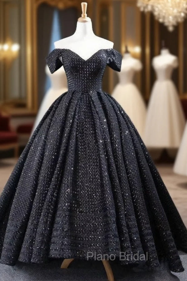 Black Ball Gown Sequins Off the Shoulder Formal Prom Dresses