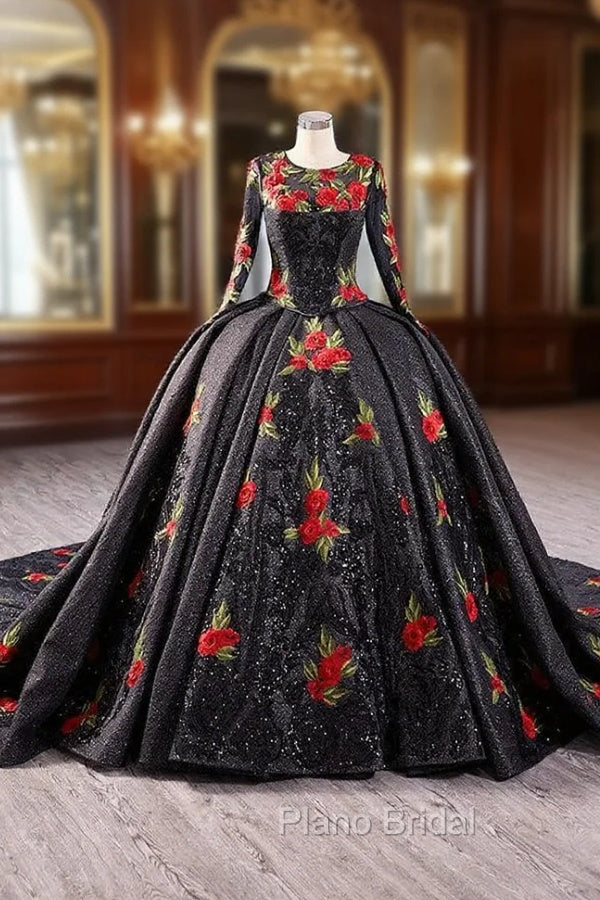 Black Ball Gown Long Sleeve Flower Formal Prom Dresses Main image