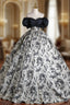 Black Ball Gown Print Puff Sleeve Pleats Quinceanera Dresses