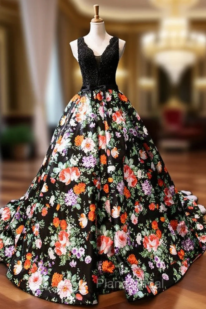 Black Ball Gown Satin Lace Print V-neck Formal Prom Dresses With Beading Main image