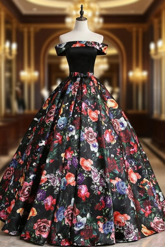 Black Ball Gown Satin Print Off the Shoulder Quinceanera Dresses Main image